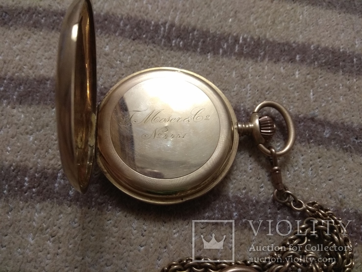 Карманные часы золотые с цепью Moser &amp; Co, фото №5