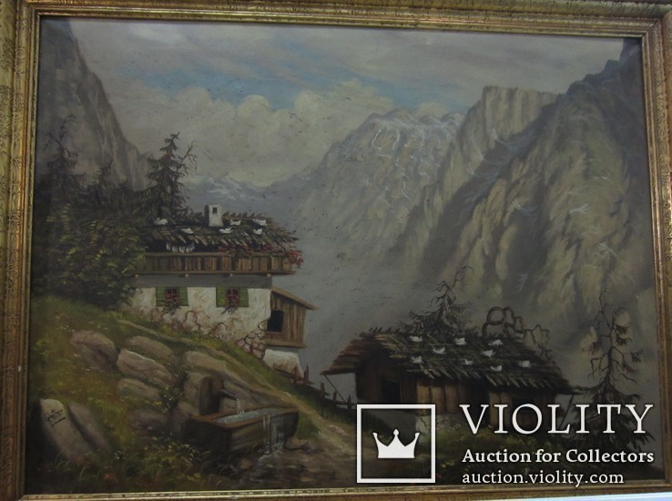 Старинная картина "Баварские Альпы", 40-е гг, Германия, авторская подпись, фото №2