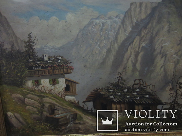 Старинная картина "Баварские Альпы", 40-е гг, Германия, авторская подпись, фото №4