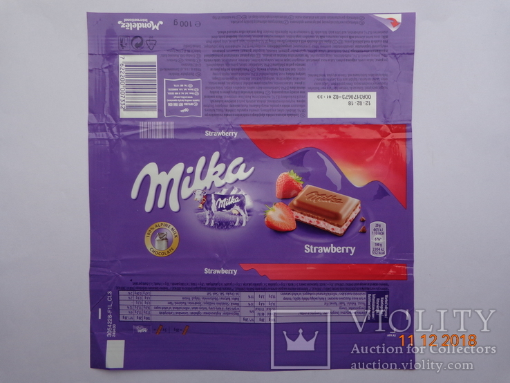 Обёртка от шоколада "Milka Strawberry" 100g (Mondelez International, Швейцария) (2017), фото №2