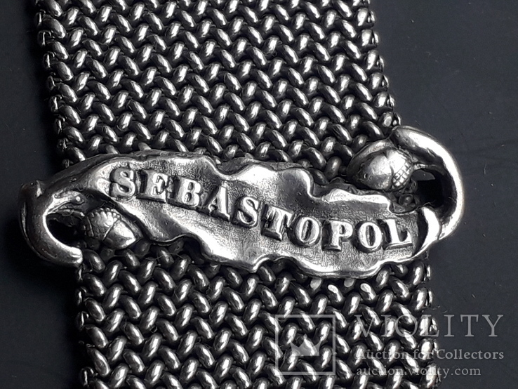 Цепочка-альбертина в форме ленты Крымской медали с планкой SEBASTOPOL, серебро, Франция, фото №5