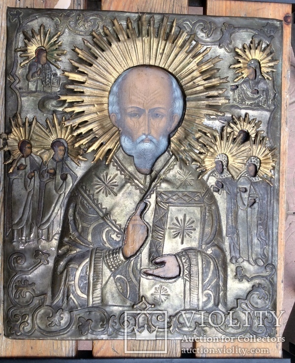 Икона Св.Николай Чудотворец с приписными, в окладе, фото №2