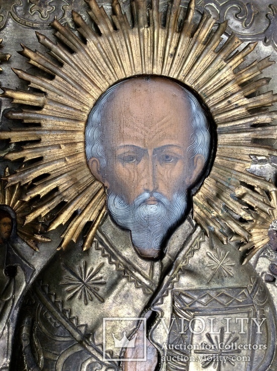 Икона Св.Николай Чудотворец с приписными, в окладе, фото №3
