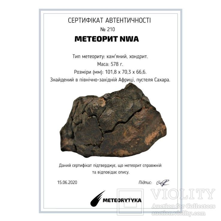 Кам'яний метеорит NWA, 578 г, із сертифікатом автентичності, фото №3