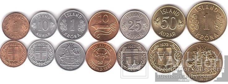 Iceland Исландия - набор 7 монет 1 10 10 25 50 Aurar 1 1 Krona 1965 - 1981 aUNC JavirNV
