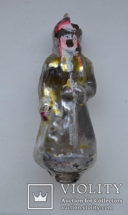 Старая стеклянная новогодняя ёлочная игрушка " Снегурочка ". Из СССР. Размер 10 см. Битая, фото №2