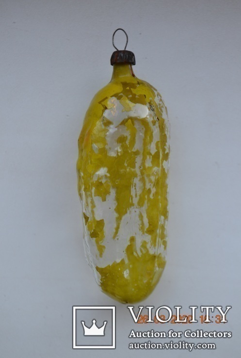 Старая стеклянная новогодняя игрушка на ёлку " Огурец, Огурчик ". Из СССР. Высота 10 см., фото №3