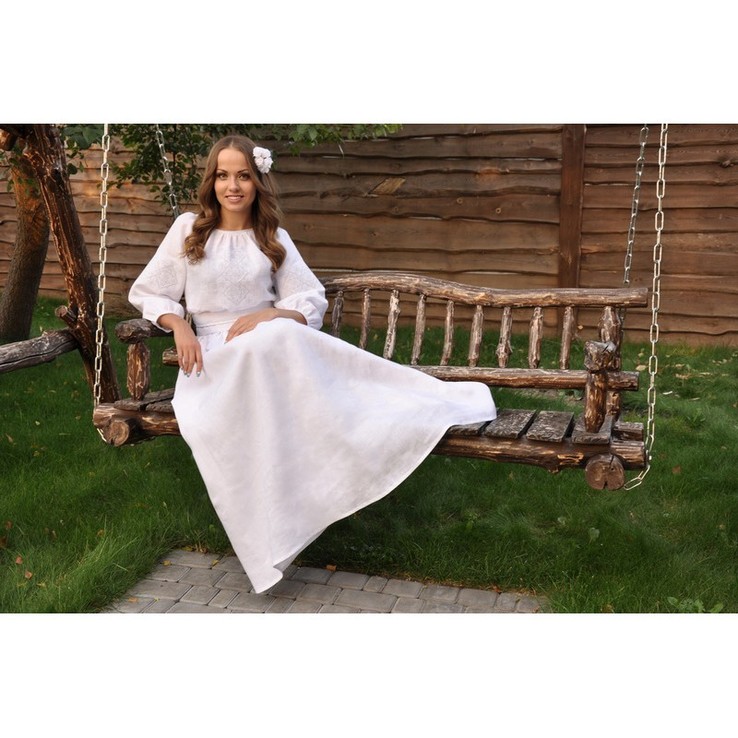 Біле плаття-вишиванка з ніжною вишивкою "білим по білому", фото №4