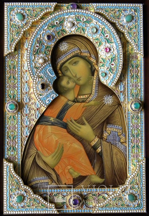 Икона Божьей матери "Владимирская". Серебряный оклад, эмаль, фото №2