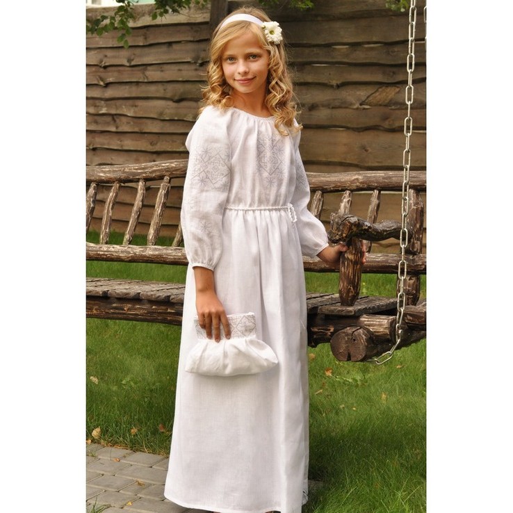 Святкова дитяча сукня з натурального льону з білою вишивкою, numer zdjęcia 2