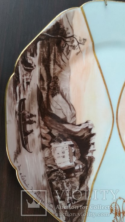 Старинная фарфоровая тарелка, ручная роспись, подпись, вензель. Франция, фото №7