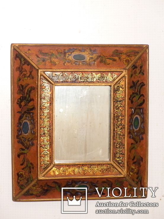 Зеркало - Перу - рамка дерево   роспись по стеклу . золочение- ручная работа - 32 х 28 см, фото №3