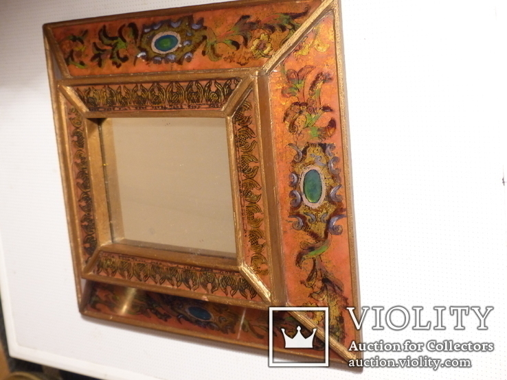 Зеркало - Перу - рамка дерево   роспись по стеклу . золочение- ручная работа - 32 х 28 см, фото №5