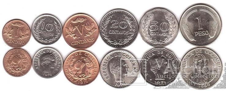 Colombia Колумбия - набор 6 монет 1 5 10 20 50 Centavos 1 Peso 1966 - 1980