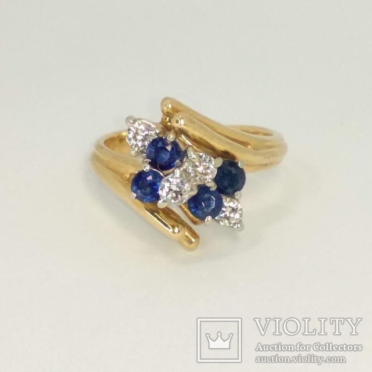 Винтажное золотое кольцо с натуральными сапфирами и бриллиантами, фото №4