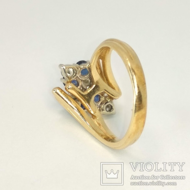 Винтажное золотое кольцо с натуральными сапфирами и бриллиантами, фото №5