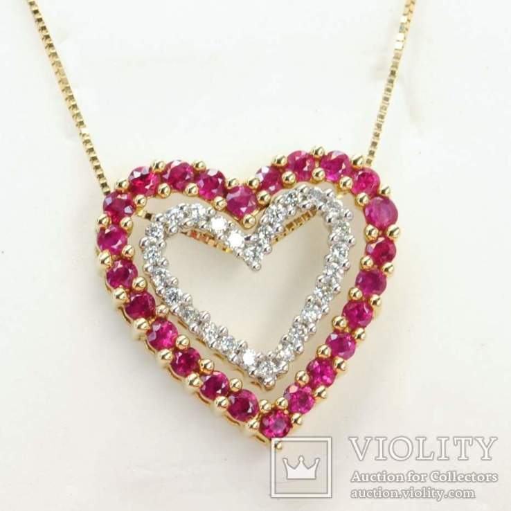 Золотая подвеска "Два сердца" с натуральными рубинами и бриллиантами, фото №2