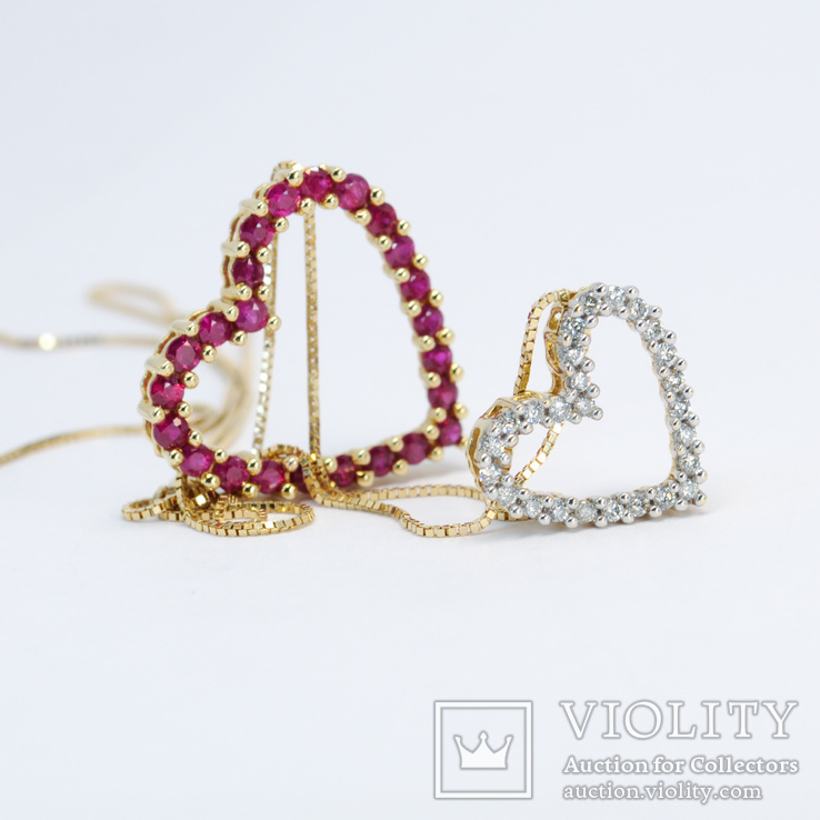 Золотая подвеска "Два сердца" с натуральными рубинами и бриллиантами, photo number 4