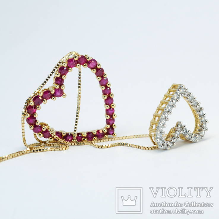 Золотая подвеска "Два сердца" с натуральными рубинами и бриллиантами, photo number 6