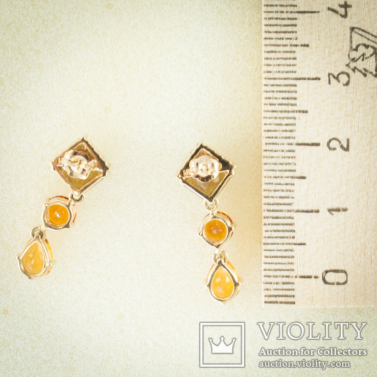Винтажные золотые серьги с натуральными цитринами и бриллиантами, фото №3