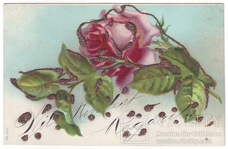 Старинная открытка с тиснением. Роза. Чистая, 1900-е г., фото №2
