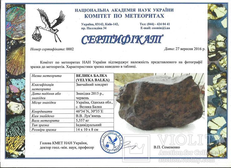 Метеорит Velyka Balka, Україна, із копією сертифікату Комітету по метеоритах НАН України, фото №10