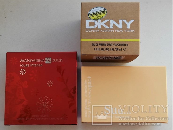 Парфюмерные флаконы в коробках:Mandarina Duck Rouge Intense,Dkny be  Delicious,Masaki Suu - «VIOLITY» Antiques
