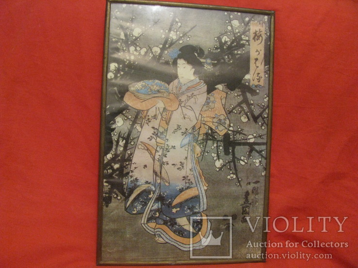 Репродукция Азиатской гравюры - Гейша на фоне сакуры., фото №2