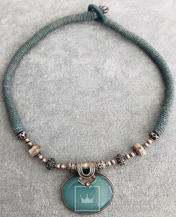 Винтажное ожерелье-чокер с серебром 925 пробы и голубым халцедоном, длина 46 см, фото №2