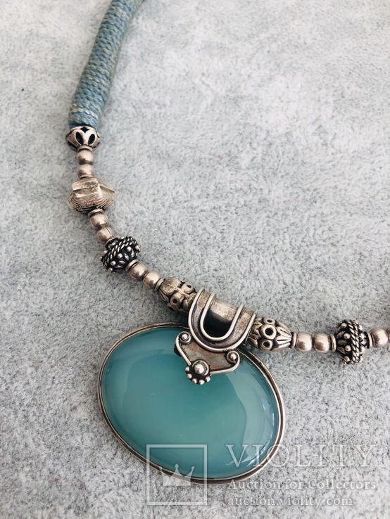 Винтажное ожерелье-чокер с серебром 925 пробы и голубым халцедоном, длина 46 см, фото №6