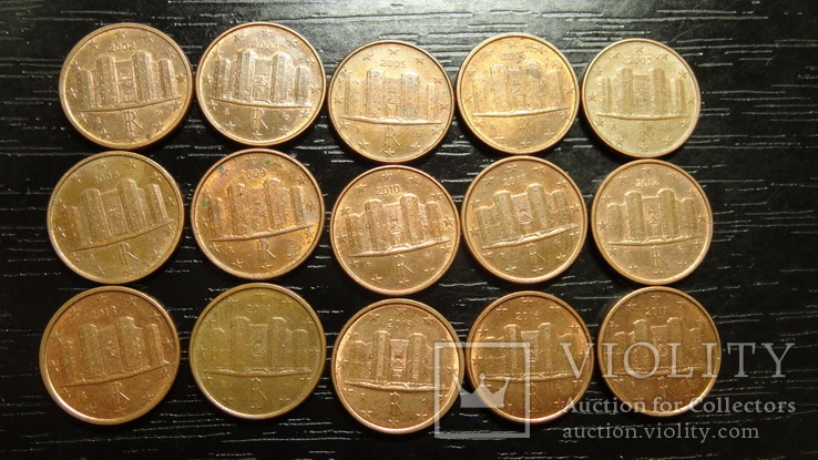 1 євроцент Італія (порічниця) 15шт, всі різні