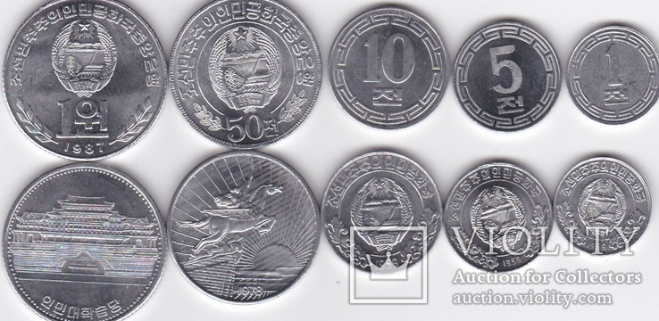 Korea North Северная Корея - 1 5 10 50 Chon 1 Won 1959 - 1987 набор 5 монет - a