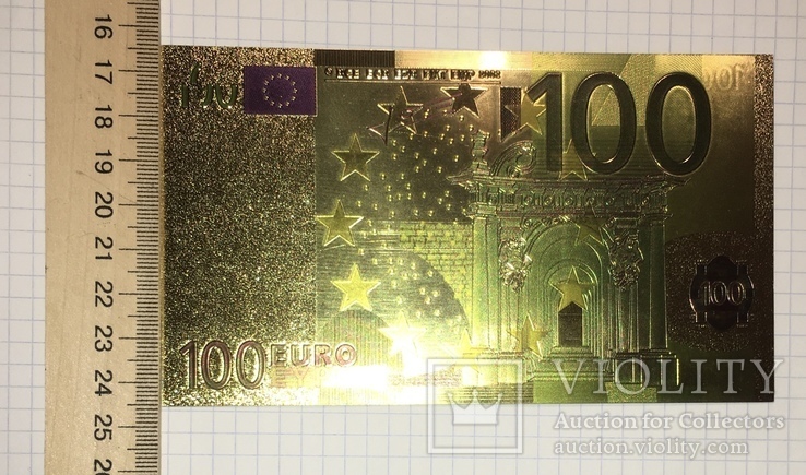 Позолоченная сувенирная банкнота 100 Euro (24K) / сувенірна банкнота, фото №2