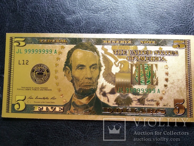 Золотая сувенирная банкнота США (5 Dollars 2009), фото №2
