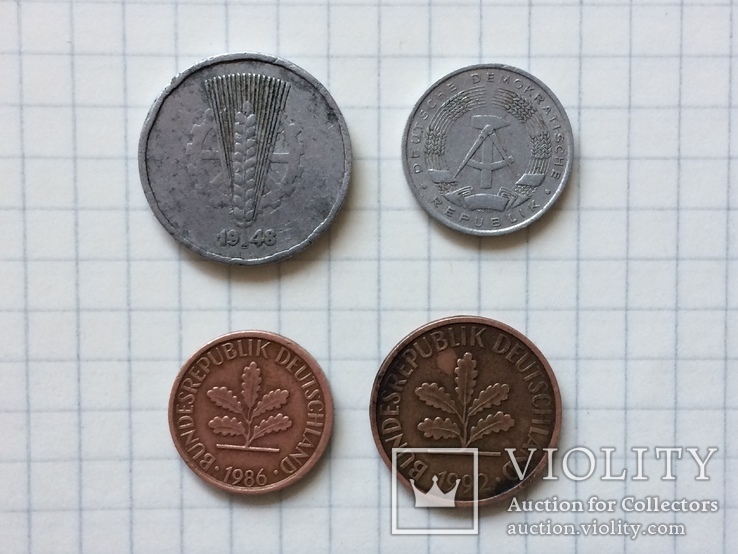 10 Pfennig 1948. 1 Pfennig 1963 A. 1 Pfennig 1986 G. 2 Pfennig 1992 J., фото №3