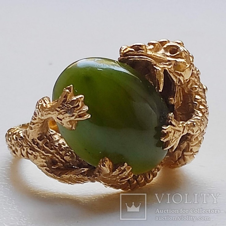 Золотое кольцо "Дракон" с натуральным нефритом, фото №3