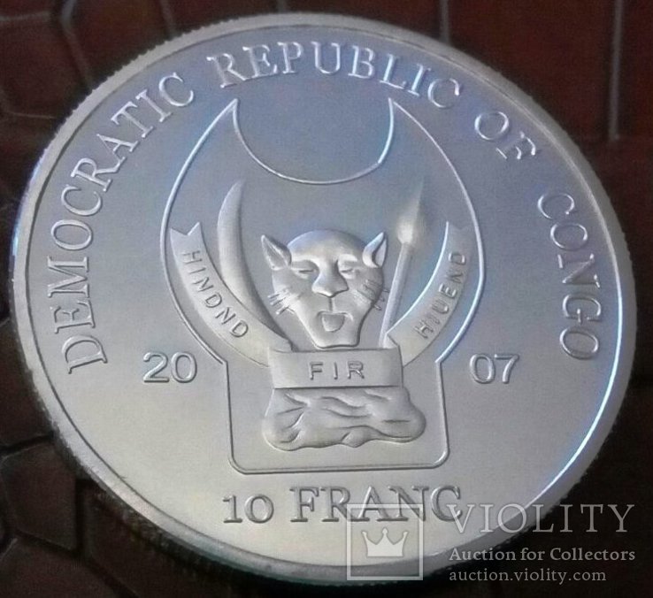 10 франків 2007 року Конго /посрібнення 999 /носоріг, фото №4