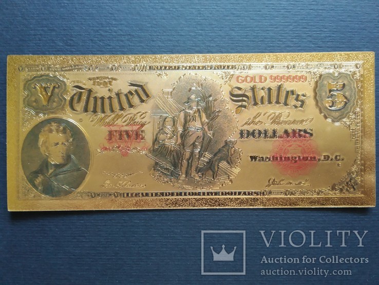 Золотая сувенирная банкнота США (5 Dollars 1907), фото №2