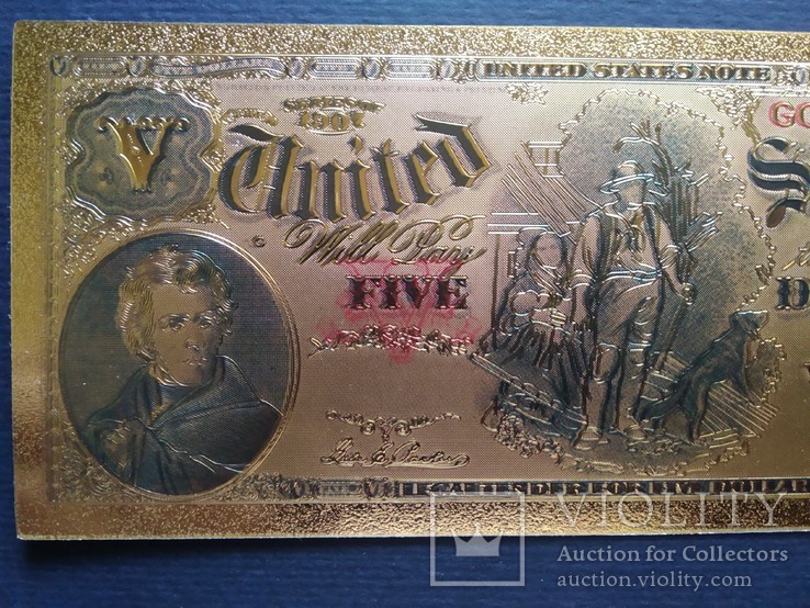 Золотая сувенирная банкнота США (5 Dollars 1907), фото №4