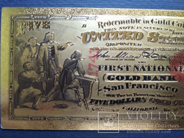 Золотая сувенирная банкнота США (5 Dollars), фото №4