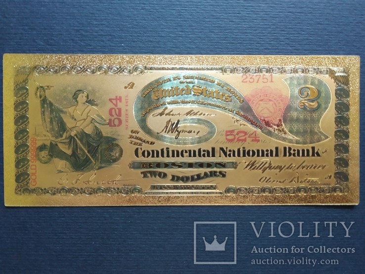 Золотая сувенирная банкнота США (2 Dollars 1875г), фото №2