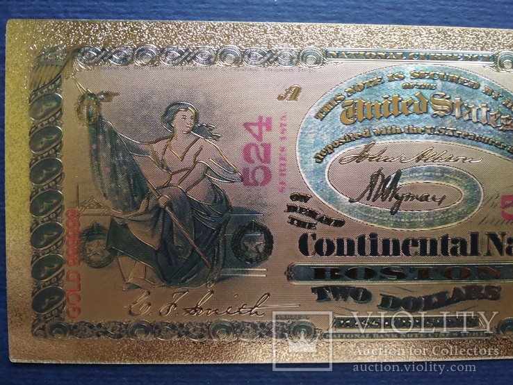 Золотая сувенирная банкнота США (2 Dollars 1875г), фото №4