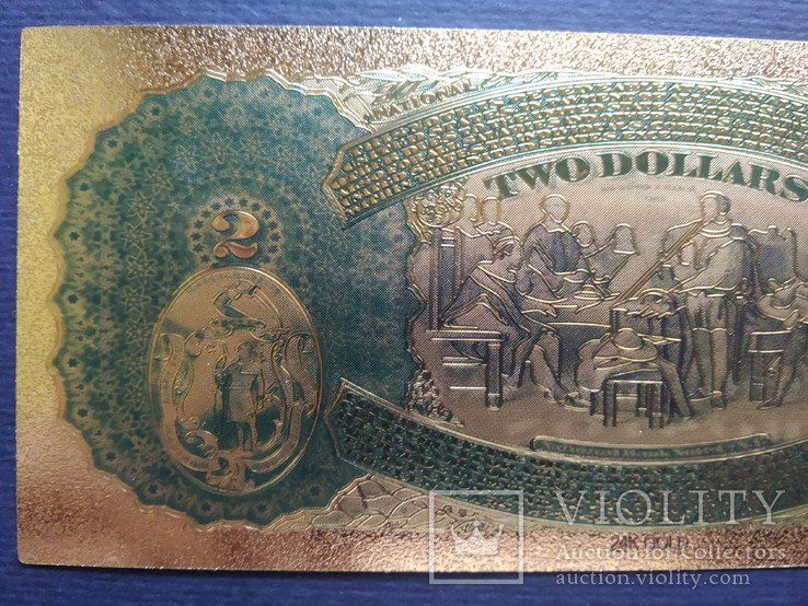 Золотая сувенирная банкнота США (2 Dollars 1875г), фото №6