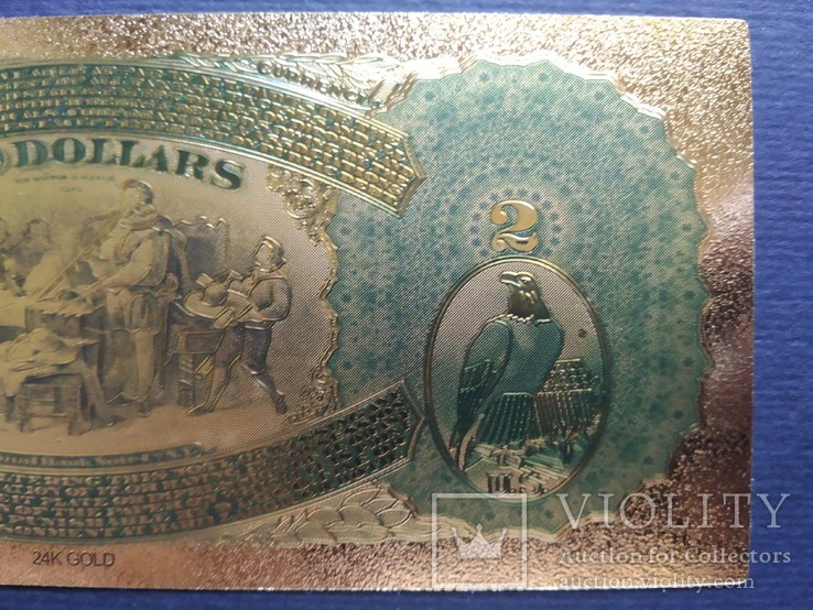 Золотая сувенирная банкнота США (2 Dollars 1875г), фото №7