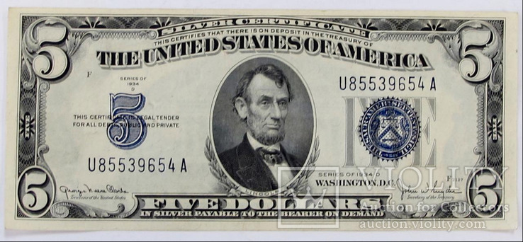 5 долларов США 1934-D FIVE DOLLAR SILVER CERTIFICATE NOTE  9654A (089), фото №2