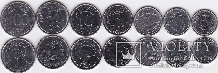 Brazil Бразилия 5 10 50 100 CR$ 100 500 1000 Cr 1992 - 1994 UNC набор 7 монет звери