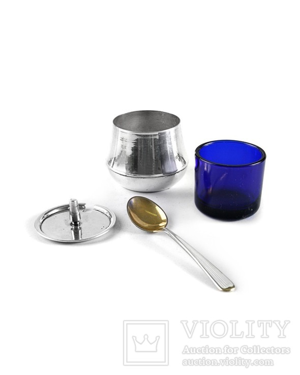 Посеребренная солонка с кобальтовой вставкой и серебряной ложкой (позолота, эмаль), фото №5