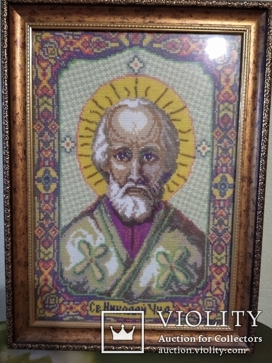 Вышивка крестом, икона, "Николай Чудотворец", 31*42, в раме со стеклом., фото №2