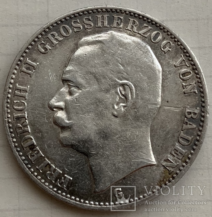 Монета Германия (Баден) 3 марки 1912 года, Серебро, 16,72 грамм, фото №2
