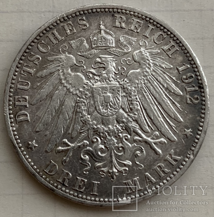 Монета Германия (Баден) 3 марки 1912 года, Серебро, 16,72 грамм, фото №3
